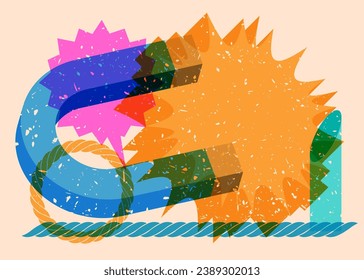 Risograph magnet with speech bubble and geometric shapes. Horseshoe Magnet with objects in trendy riso graph print texture style design with geometry elements.