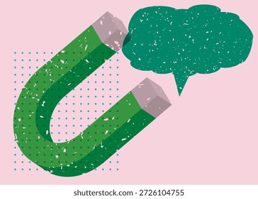 Risograph Magnet mit Sprechblase mit geometrischen Formen. Objekte im trendigen Riso-Graphen drucken Textur Stil Design mit Geometrieelementen.