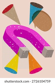 Ímã de Risógrafo com balão de fala com formas geométricas. Objetos no design de estilo de textura de impressão de gráfico riso moderno com elementos de geometria.