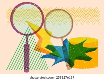 Risograph Magnifying Glass with geometric shapes. Objects in trendy riso graph print texture style design with geometry elements.