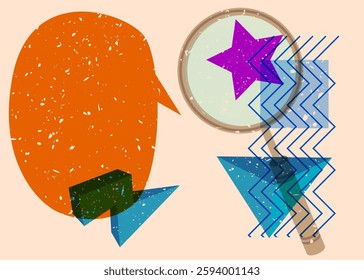 Risograph Magnifying Glass with speech bubble with geometric shapes. Objects in trendy riso graph print texture style design with geometry elements.