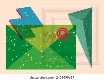 Risograph Mail letter envelope with geometric shapes. Newsletter in trendy riso graph print texture style design with geometry elements.