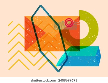Risograph Mail letter envelope with geometric shapes. Newsletter in trendy riso graph print texture style design with geometry elements.