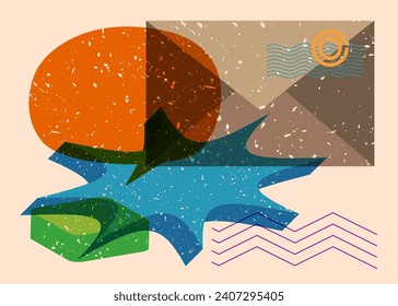 Sobre de letras de correo de Risograph con burbuja de voz con formas geométricas. Objetos en diseño de estilo de textura de impresión del gráfico de riso con elementos geométricos.