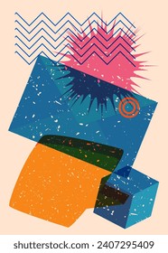 Risograph mail letter envelope with speech bubble with geometric shapes. Objects in trendy riso graph print texture style design with geometry elements.
