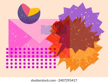 Risograph mail letter envelope with speech bubble with geometric shapes. Objects in trendy riso graph print texture style design with geometry elements.