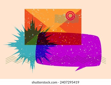 Risograph mail letter envelope with speech bubble with geometric shapes. Objects in trendy riso graph print texture style design with geometry elements.