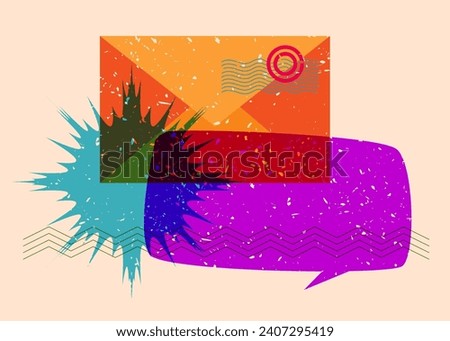 Risograph mail letter envelope with speech bubble with geometric shapes. Objects in trendy riso graph print texture style design with geometry elements.