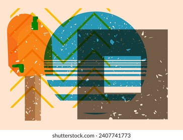 Risograph Mailbox with geometric shapes. Post and objects in trendy riso graph print texture style design with geometry elements.