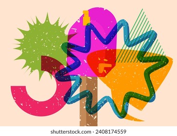 Risograph Mailbox with speech bubble with geometric shapes. Objects in trendy riso graph print texture style design with geometry elements.