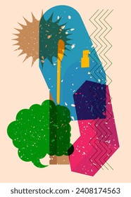 Buzón de correo de Risograph con burbuja de voz con formas geométricas. Objetos en diseño de estilo de textura de impresión del gráfico de riso con elementos geométricos.