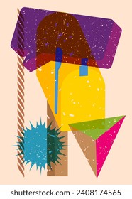 Risograph Mailbox with speech bubble with geometric shapes. Objects in trendy riso graph print texture style design with geometry elements.