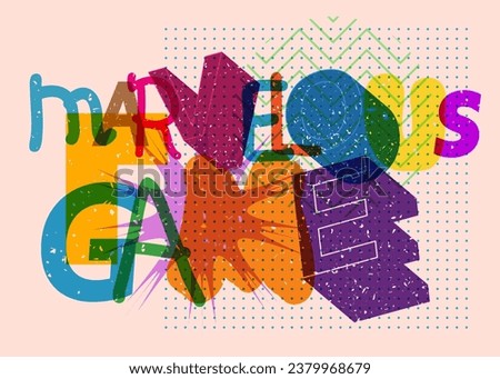 Risograph Marvelous Game word with geometric shapes. Object in trendy riso graph design.