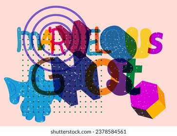 Risograph Marvelous Ghost word with geometric shapes. Holiday Halloween trendy riso graph design.