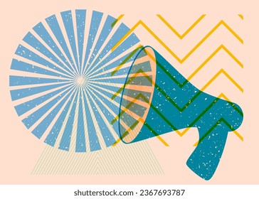 Risograph megaphone with geometric shapes. Object in trendy riso graph design with geometry elements.