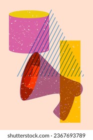 Risograph megaphone with geometric shapes. Object in trendy riso graph design with geometry elements.