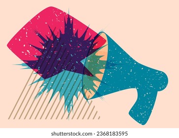 Risograph megaphone and speech bubble with geometric shapes. Object in trendy riso graph design with geometry elements.