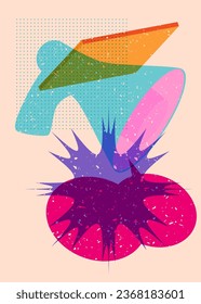Risograph-Megaphon und Sprachblase mit geometrischen Formen. Objekt in trendigem Riso-Graphdesign mit Geometrieelementen.