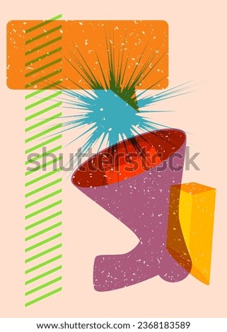 Risograph megaphone and speech bubble with geometric shapes. Object in trendy riso graph design with geometry elements.
