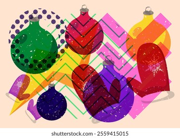 Risograph Mitten Glove and Christmas decoration ball with geometric shapes. Objects in trendy riso graph print texture style design with geometry elements.