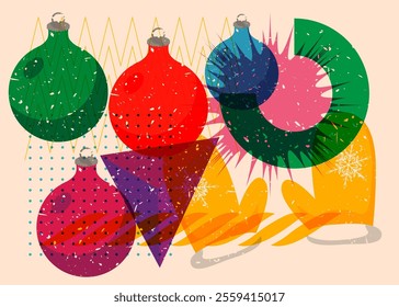 Risograph Mitten Glove and Christmas decoration ball with geometric shapes. Objects in trendy riso graph print texture style design with geometry elements.