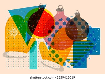 Risograph Mitten Glove and Christmas decoration ball with geometric shapes. Objects in trendy riso graph print texture style design with geometry elements.