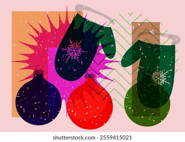 Risograph Mitten Glove and Christmas decoration ball with geometric shapes. Objects in trendy riso graph print texture style design with geometry elements.