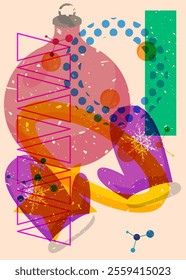 Risograph Mitten Glove and Christmas decoration ball with geometric shapes. Objects in trendy riso graph print texture style design with geometry elements.