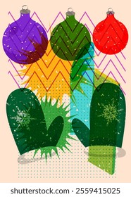 Risograph Mitten Glove and Christmas decoration ball with geometric shapes. Objects in trendy riso graph print texture style design with geometry elements.