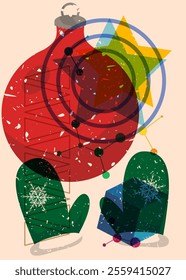 Risograph Mitten Glove and Christmas decoration ball with geometric shapes. Objects in trendy riso graph print texture style design with geometry elements.