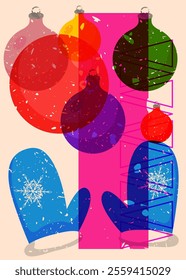 Risograph Mitten Glove and Christmas decoration ball with geometric shapes. Objects in trendy riso graph print texture style design with geometry elements.