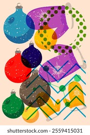 Risograph Mitten Glove and Christmas decoration ball with geometric shapes. Objects in trendy riso graph print texture style design with geometry elements.