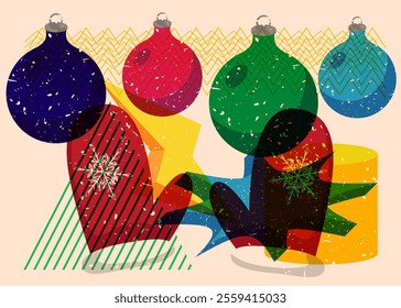 Risograph Mitten Glove and Christmas decoration ball with geometric shapes. Objects in trendy riso graph print texture style design with geometry elements.