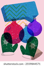 Risograph Mitten Glove and Christmas decoration ball with speech bubble with geometric shapes. Objects in trendy riso graph print texture style design with geometry elements.