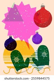 Risograph Mitten Glove and Christmas decoration ball with speech bubble with geometric shapes. Objects in trendy riso graph print texture style design with geometry elements.