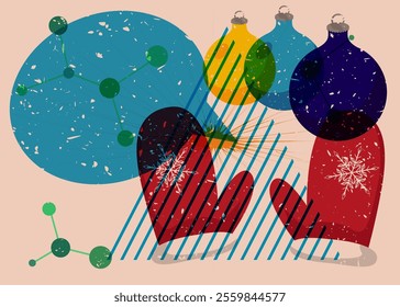 Risograph Mitten Glove and Christmas decoration ball with speech bubble with geometric shapes. Objects in trendy riso graph print texture style design with geometry elements.