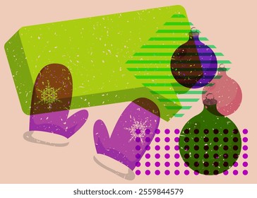 Risograph Mitten Glove and Christmas decoration ball with speech bubble with geometric shapes. Objects in trendy riso graph print texture style design with geometry elements.