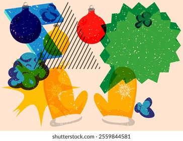 Risograph Mitten Glove and Christmas decoration ball with speech bubble with geometric shapes. Objects in trendy riso graph print texture style design with geometry elements.