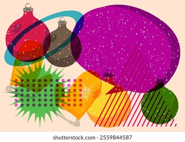 Risograph Mitten Glove and Christmas decoration ball with speech bubble with geometric shapes. Objects in trendy riso graph print texture style design with geometry elements.