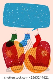 Risograph Mitten Glove and Christmas stocking with speech bubble with geometric shapes. Objects in trendy riso graph print texture style design with geometry elements.