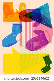 Risograph Mitten Glove and Christmas stocking with speech bubble with geometric shapes. Objects in trendy riso graph print texture style design with geometry elements.