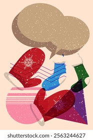 Risograph Mitten Glove and Christmas stocking with speech bubble with geometric shapes. Objects in trendy riso graph print texture style design with geometry elements.