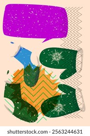 Risograph Mitten Glove and Christmas stocking with speech bubble with geometric shapes. Objects in trendy riso graph print texture style design with geometry elements.