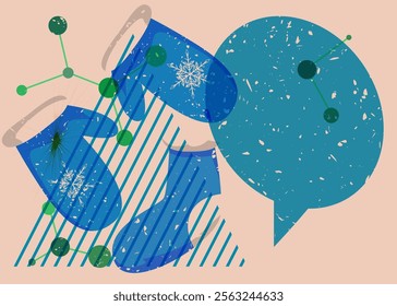 Risograph Mitten Glove and Christmas stocking with speech bubble with geometric shapes. Objects in trendy riso graph print texture style design with geometry elements.