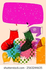 Risograph Mitten Glove and Christmas stocking with speech bubble with geometric shapes. Objects in trendy riso graph print texture style design with geometry elements.