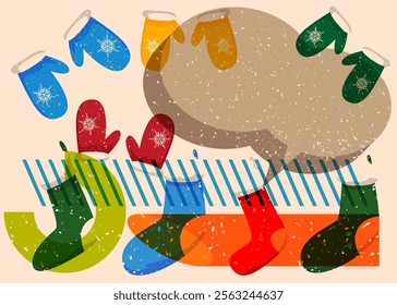 Risograph Mitten Glove and Christmas stocking with speech bubble with geometric shapes. Objects in trendy riso graph print texture style design with geometry elements.