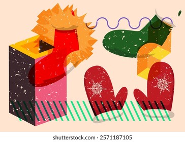 Risograph Mitten Glove and Christmas stocking with geometric shapes. Objects in trendy riso graph print texture style design with geometry elements.