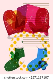 Risograph Mitten Glove and Christmas stocking with geometric shapes. Objects in trendy riso graph print texture style design with geometry elements.