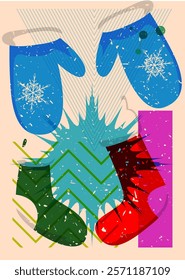 Risograph Mitten Glove and Christmas stocking with geometric shapes. Objects in trendy riso graph print texture style design with geometry elements.