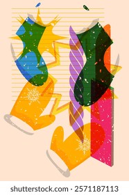 Risograph Mitten Glove and Christmas stocking with geometric shapes. Objects in trendy riso graph print texture style design with geometry elements.